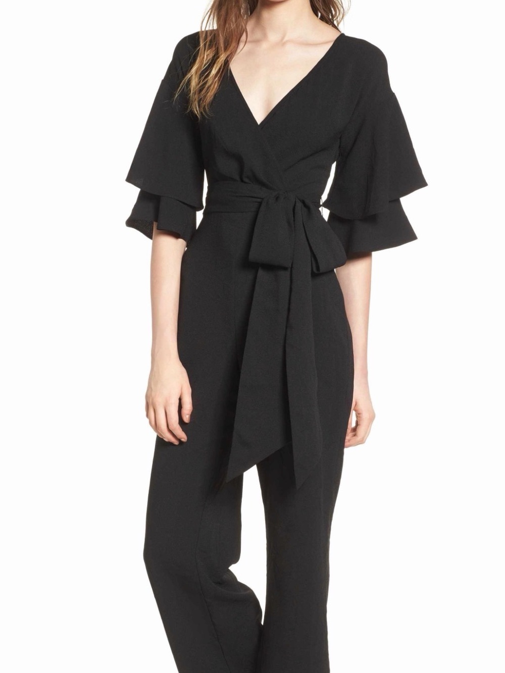Black Ruffle-Sleeve V-Neck Long Sleeve Jumpsuit (small)